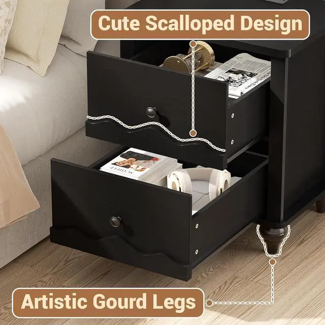 Alt view image 5 of 7 - Black Nightstand with Charging Station Set of 2, Scalloped Bedside Table with 2 Smooth Drawers, Modern End Table with Solid Wood Legs for Bedroom and Small Spaces