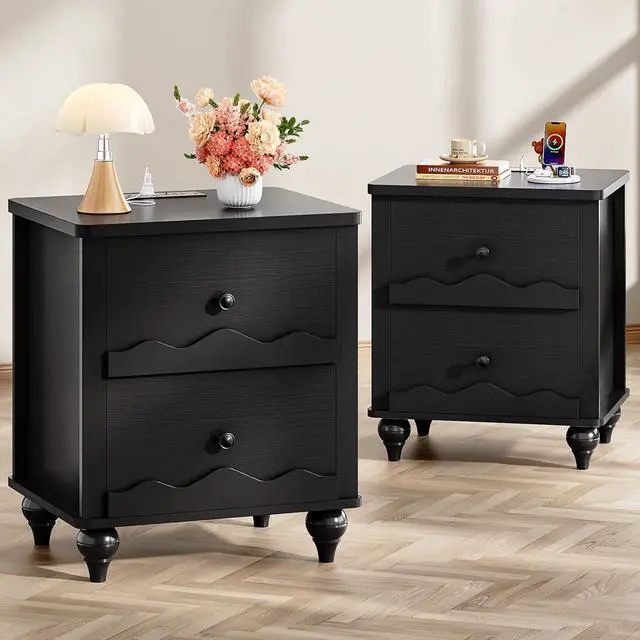 Main image of Black Nightstand with Charging Station Set of 2, Scalloped Bedside Table with 2 Smooth Drawers, Modern End Table with Solid Wood Legs for Bedroom and Small Spaces