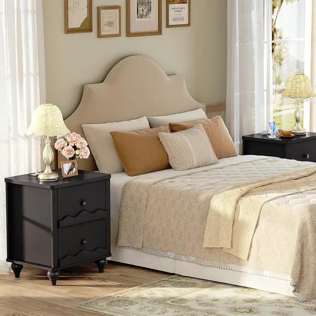 Alt view image 3 of 7 - Black Nightstand with Charging Station Set of 2, Scalloped Bedside Table with 2 Smooth Drawers, Modern End Table with Solid Wood Legs for Bedroom and Small Spaces