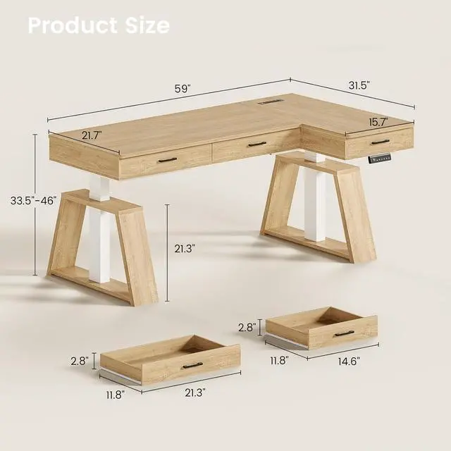 Alt view image 2 of 7 - 59 Inch L Shaped Electric Standing Desk with Drawers, Executive Adjustable Desk with Power Outlets, Sit Stand Computer Table for Home Office, Oak