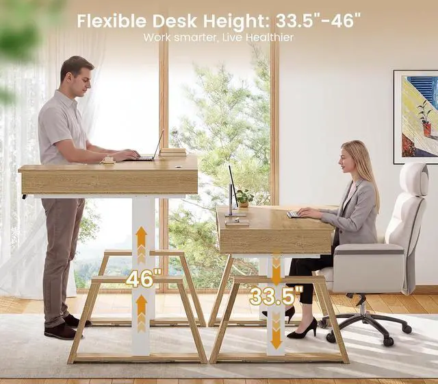 Alt view image 3 of 7 - 59 Inch L Shaped Electric Standing Desk with Drawers, Executive Adjustable Desk with Power Outlets, Sit Stand Computer Table for Home Office, Oak
