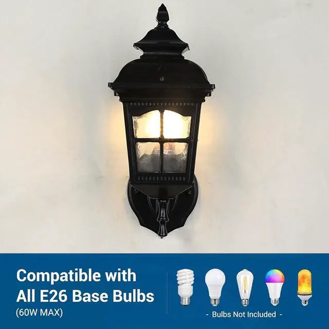 Alt view image 5 of 7 - Outdoor Antique Wall Light Aluminum Waterproof Exterior Porch Wall Lanterns with Water Ripple Glass 12.5" Black Vintage Outdoor Sconce for House Front Porch Patio