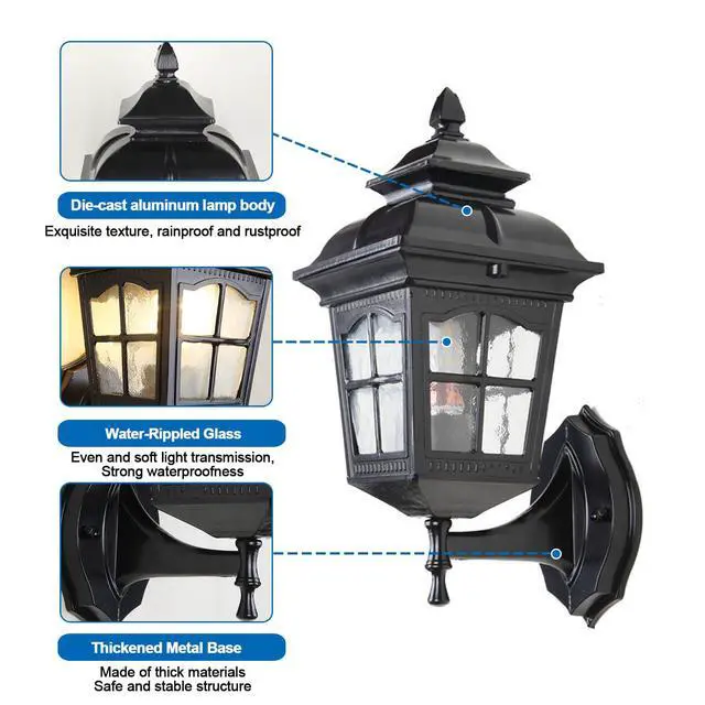 Alt view image 6 of 7 - Outdoor Antique Wall Light Aluminum Waterproof Exterior Porch Wall Lanterns with Water Ripple Glass 12.5" Black Vintage Outdoor Sconce for House Front Porch Patio