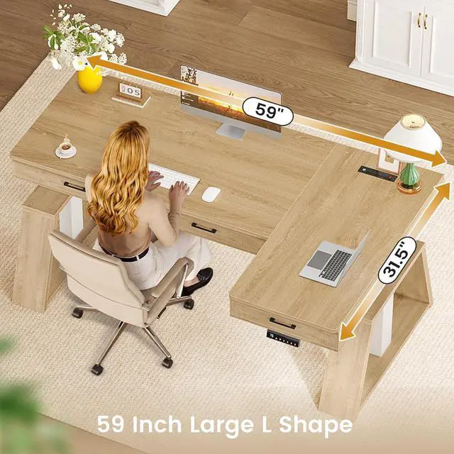 Alt view image 7 of 7 - 59 Inch L Shaped Electric Standing Desk with Drawers, Executive Adjustable Desk with Power Outlets, Sit Stand Computer Table for Home Office, Oak