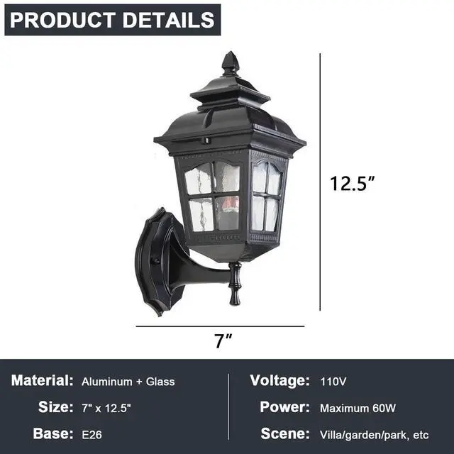Alt view image 7 of 7 - Outdoor Antique Wall Light Aluminum Waterproof Exterior Porch Wall Lanterns with Water Ripple Glass 12.5" Black Vintage Outdoor Sconce for House Front Porch Patio