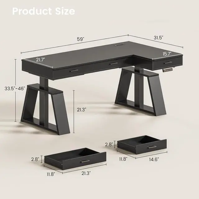 Alt view image 2 of 7 - 59 Inch L Shaped Electric Standing Desk with Drawers, Executive Adjustable Desk with Power Outlets, Monitor Stand, Sit Stand Computer Table for Home Office, Black