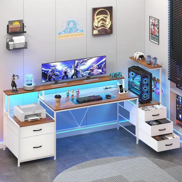 Main image of 63" Gaming Desk with LED Lights & Outlets, Reversible Computer Desk with 5 Drawers & Printer Shelf, Gamer Desk Table with Storage Shelves & Monitor Stand, Brown and White