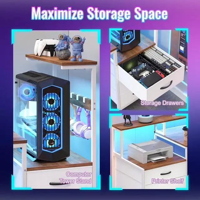 Alt view image 4 of 7 - 63" Gaming Desk with LED Lights & Outlets, Reversible Computer Desk with 5 Drawers & Printer Shelf, Gamer Desk Table with Storage Shelves & Monitor Stand, Brown and White