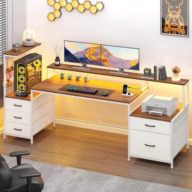 Alt view image 3 of 7 - 63" Gaming Desk with LED Lights & Outlets, Reversible Computer Desk with 5 Drawers & Printer Shelf, Gamer Desk Table with Storage Shelves & Monitor Stand, Brown and White