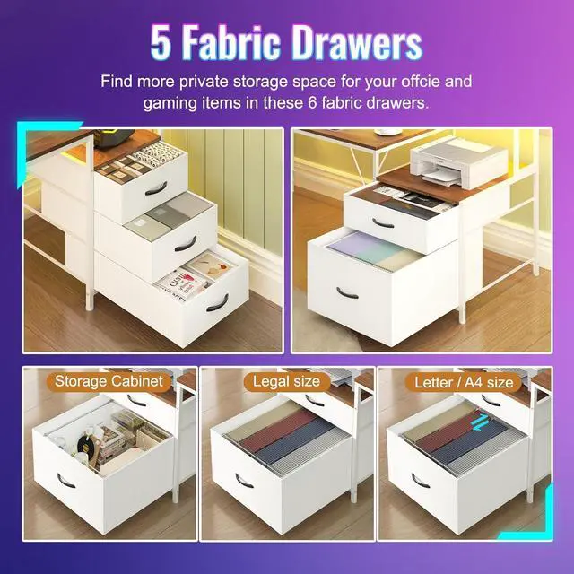 Alt view image 6 of 7 - 63" Gaming Desk with LED Lights & Outlets, Reversible Computer Desk with 5 Drawers & Printer Shelf, Gamer Desk Table with Storage Shelves & Monitor Stand, Brown and White