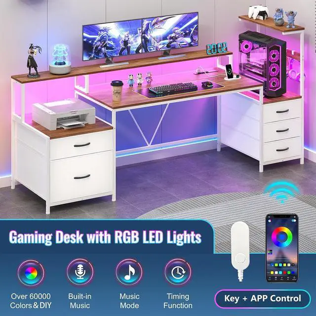 Alt view image 7 of 7 - 63" Gaming Desk with LED Lights & Outlets, Reversible Computer Desk with 5 Drawers & Printer Shelf, Gamer Desk Table with Storage Shelves & Monitor Stand, Brown and White