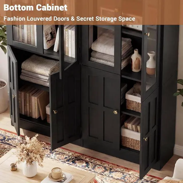 Alt view image 6 of 7 - 80" Bookshelf with Glass Doors and Thickened Top Panel, Farmhouse Bookcase with Adjustable Shelves, Tall Bookshelf Display Cabinet for Living Room & Home Office, Black