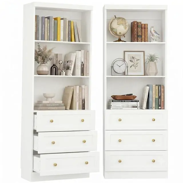 Alt view image 3 of 7 - 80" Bookshelf with 3 Drawers, Tall Bookcase with Thickened Top Panel and 3-Tier Open Shelves, Tall Storage Cabinet for Home Office, Living Room, White