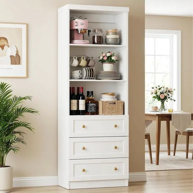 Alt view image 6 of 7 - 80" Bookshelf with 3 Drawers, Tall Bookcase with Thickened Top Panel and 3-Tier Open Shelves, Tall Storage Cabinet for Home Office, Living Room, White