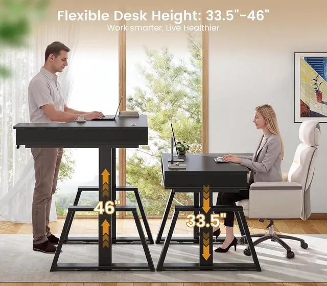 Alt view image 3 of 7 - 59 Inch L Shaped Electric Standing Desk with Drawers, Executive Adjustable Desk with Power Outlets, Monitor Stand, Sit Stand Computer Table for Home Office, Black