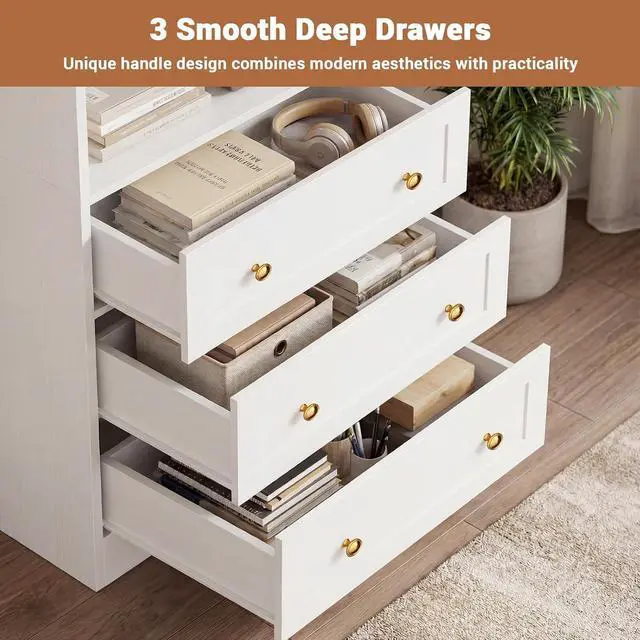 Alt view image 5 of 7 - 80" Bookshelf with 3 Drawers, Tall Bookcase with Thickened Top Panel and 3-Tier Open Shelves, Tall Storage Cabinet for Home Office, Living Room, White