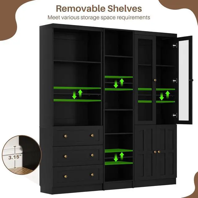 Alt view image 4 of 7 - 80" H Bookshelf with Adjustable Shelves and Thickened Top Panel, 6-Tier Open Storage Shelf, Tall Bookcase with 3 Drawers, Bookshelf with Doors for Home Office, Dining Room, Set of 3 (Black)