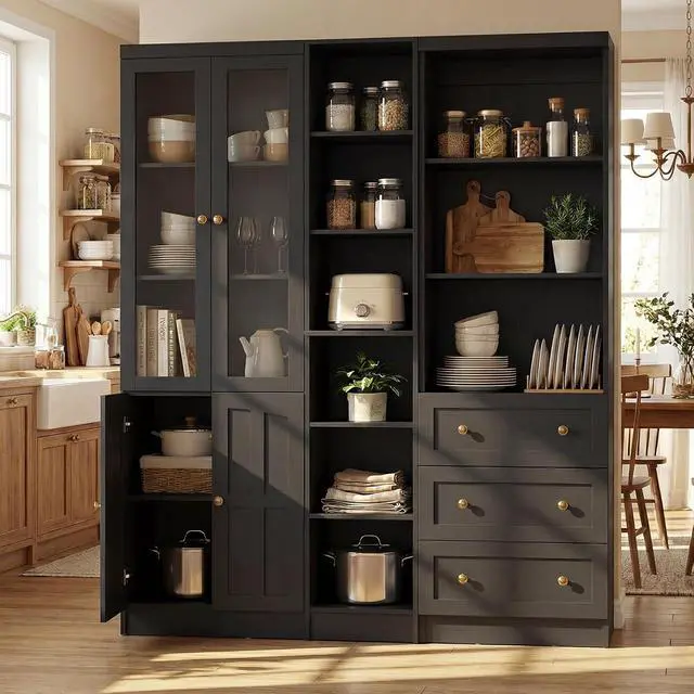 Alt view image 3 of 7 - 80" H Bookshelf with Adjustable Shelves and Thickened Top Panel, 6-Tier Open Storage Shelf, Tall Bookcase with 3 Drawers, Bookshelf with Doors for Home Office, Dining Room, Set of 3 (Black)
