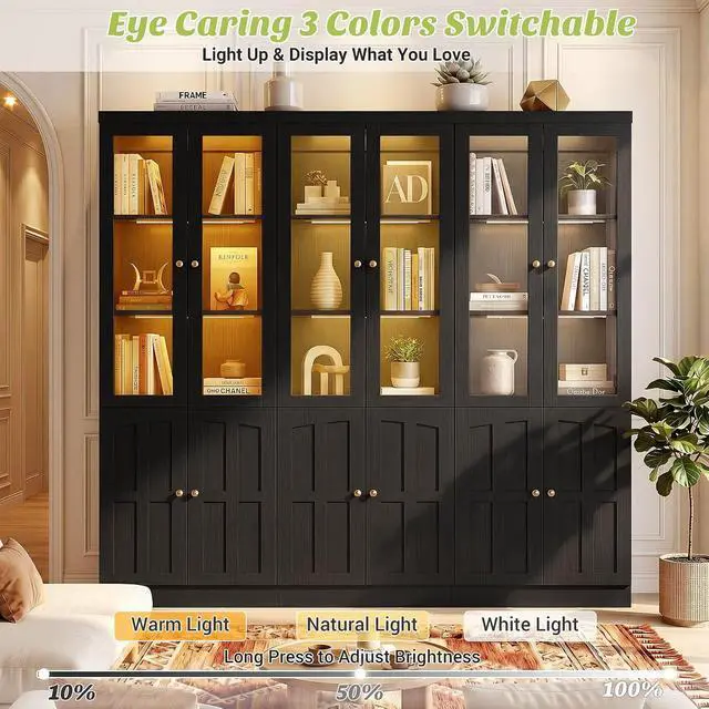 Alt view image 5 of 7 - 80" Bookshelf with Tempered Glass Doors and 3 Motion Sensor Lights, Farmhouse Bookcase with Adjustable Shelves, Thickened Top Panel, for Living Room & Home Office (Black)