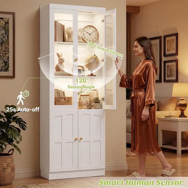 Alt view image 4 of 7 - 80" Bookshelf with Tempered Glass Doors and 3 Motion Sensor Lights, Farmhouse Bookcase with Adjustable Shelves, Thickened Top Panel, for Living Room & Home Office (White)