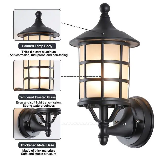 Alt view image 6 of 7 - IP65 Waterproof Outdoor Wall Lights Aluminum Vintage Exterior Wall Sconces with Soft Light Glass Shade Matte Black Outdoor Light Fixtures for House Garage Patio Front Door Balcony