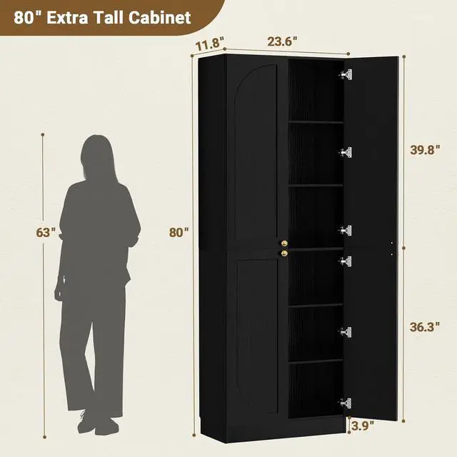Alt view image 3 of 7 - 80" Kitchen Pantry, Extra Tall Arch Storage Cabinet with 4 Soft Close Doors and Adjustable Shelves, Freestanding Wood Cupboard with Seamless Fit Wall for Dining Living Room (Black, 1 Pack)