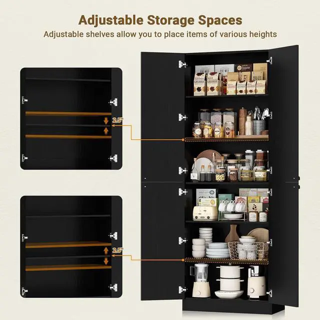 Alt view image 5 of 7 - 80" Kitchen Pantry, Extra Tall Arch Storage Cabinet with 4 Soft Close Doors and Adjustable Shelves, Freestanding Wood Cupboard with Seamless Fit Wall for Dining Living Room (Black, 1 Pack)