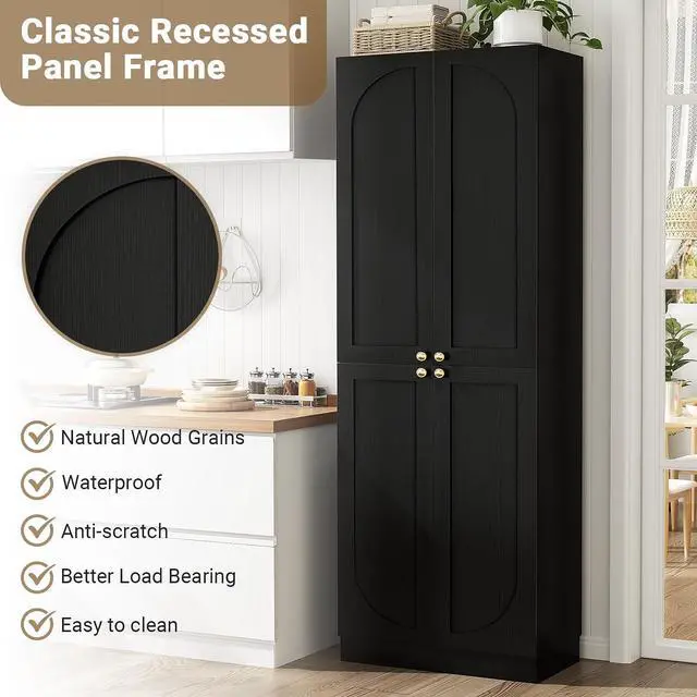 Alt view image 6 of 7 - 80" Kitchen Pantry, Extra Tall Arch Storage Cabinet with 4 Soft Close Doors and Adjustable Shelves, Freestanding Wood Cupboard with Seamless Fit Wall for Dining Living Room (Black, 1 Pack)