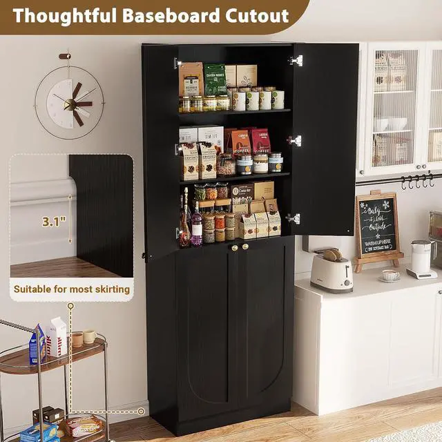 Alt view image 7 of 7 - 80" Kitchen Pantry, Extra Tall Arch Storage Cabinet with 4 Soft Close Doors and Adjustable Shelves, Freestanding Wood Cupboard with Seamless Fit Wall for Dining Living Room (Black, 1 Pack)