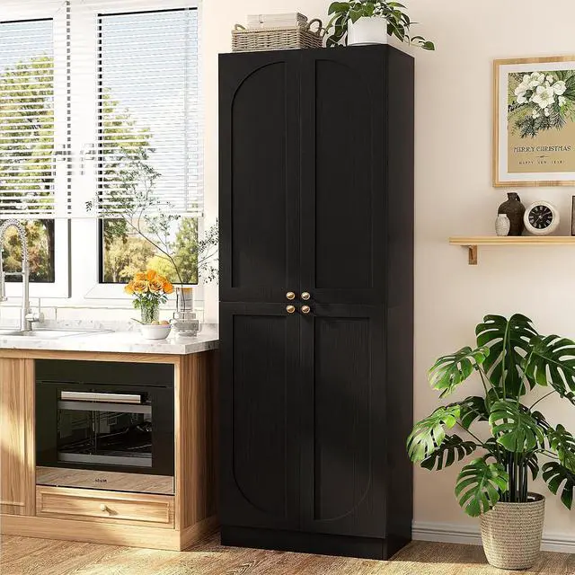 Alt view image 2 of 7 - 80" Kitchen Pantry, Extra Tall Arch Storage Cabinet with 8 Soft Close Doors and Adjustable Shelves, Freestanding Wood Cupboard with Seamless Fit Wall for Dining Living Room Bathroom Furniture