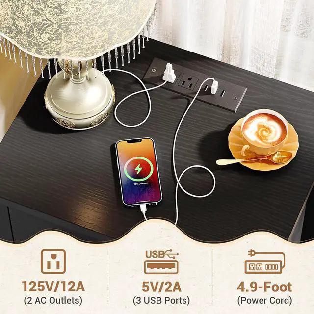 Alt view image 6 of 7 - Black Nightstand with Charging Station Set of 2, Scalloped Bedside Table with 2 Smooth Drawers, Modern End Table with Solid Wood Legs for Bedroom and Small Spaces