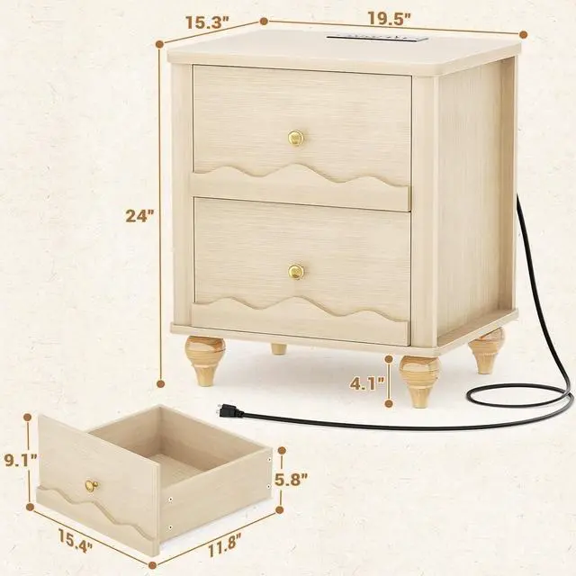 Alt view image 2 of 7 - Natural Wood Nightstand with Charging Station, Scalloped Bedside Table with 2 Smooth Drawers, Modern End Table with Solid Wooden Legs for Bedroom and Small Spaces