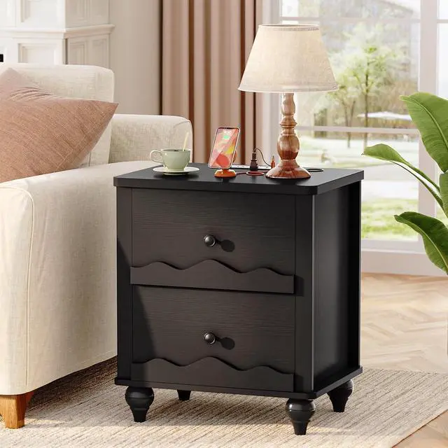 Alt view image 7 of 7 - Black Nightstand with Charging Station Set of 2, Scalloped Bedside Table with 2 Smooth Drawers, Modern End Table with Solid Wood Legs for Bedroom and Small Spaces