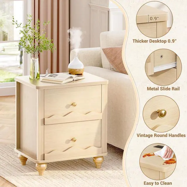 Alt view image 5 of 7 - Natural Wood Nightstand with Charging Station, Scalloped Bedside Table with 2 Smooth Drawers, Modern End Table with Solid Wooden Legs for Bedroom and Small Spaces