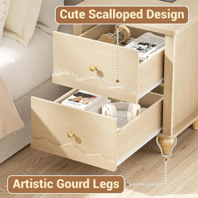 Alt view image 6 of 7 - Natural Wood Nightstand with Charging Station, Scalloped Bedside Table with 2 Smooth Drawers, Modern End Table with Solid Wooden Legs for Bedroom and Small Spaces