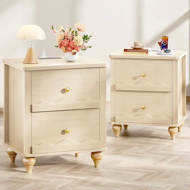 Main image of Natural Wood Nightstand with Charging Station Set of 2, Scalloped Bedside Table with 2 Smooth Drawers, Modern End Table with Solid Wooden Legs for Bedroom and Small Spaces