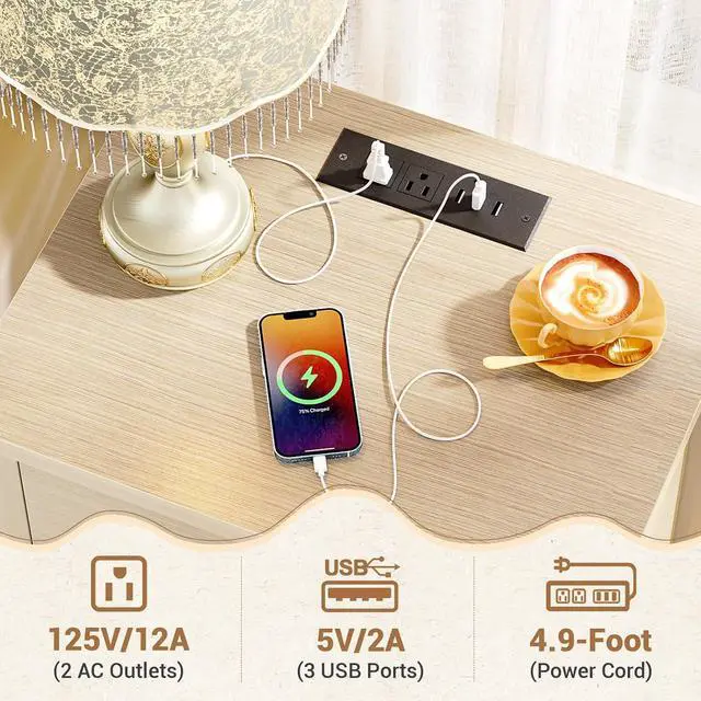 Alt view image 3 of 7 - Natural Wood Nightstand with Charging Station, Scalloped Bedside Table with 2 Smooth Drawers, Modern End Table with Solid Wooden Legs for Bedroom and Small Spaces