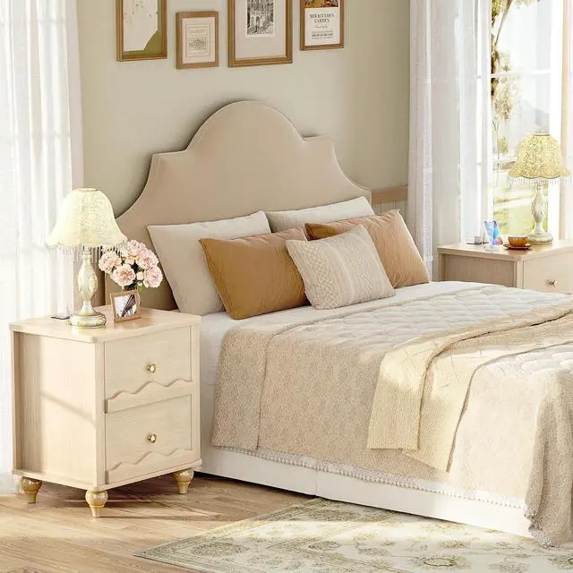 Alt view image 3 of 7 - Natural Wood Nightstand with Charging Station Set of 2, Scalloped Bedside Table with 2 Smooth Drawers, Modern End Table with Solid Wooden Legs for Bedroom and Small Spaces