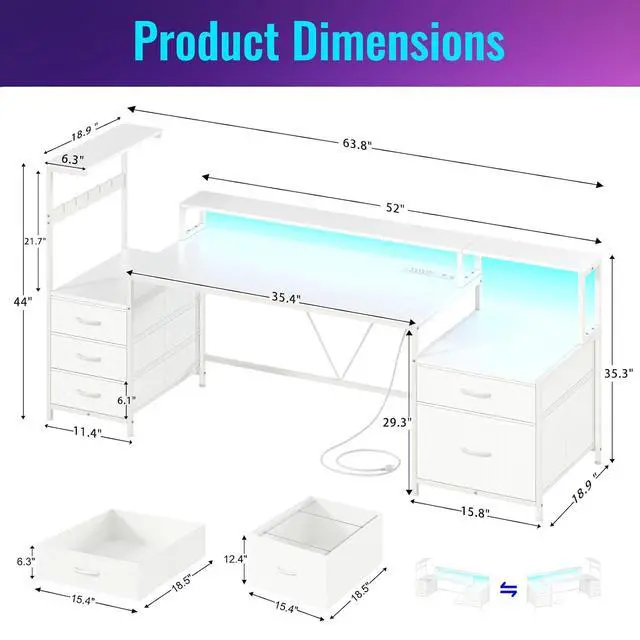 Alt view image 2 of 7 - 63" Gaming Desk with LED Lights & Outlets, Reversible Computer Desk with 5 Drawers & Printer Shelf, Gamer Desk Table with Storage Shelves & Monitor Stand, White