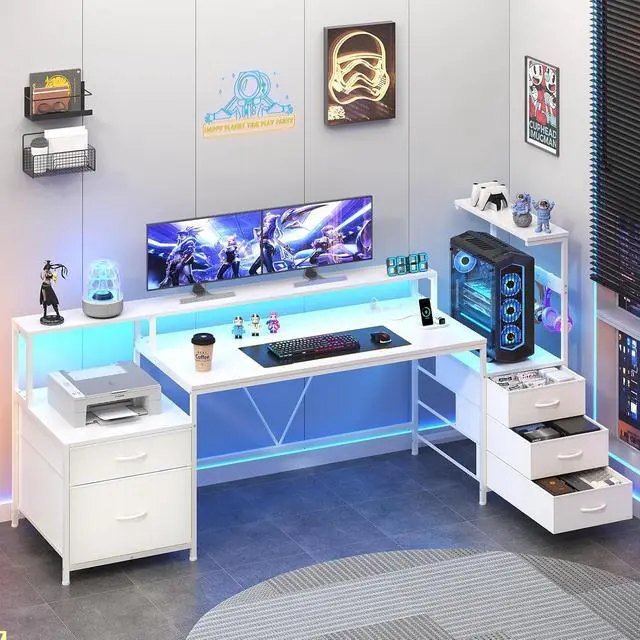 Main image of 63" Gaming Desk with LED Lights & Outlets, Reversible Computer Desk with 5 Drawers & Printer Shelf, Gamer Desk Table with Storage Shelves & Monitor Stand, White