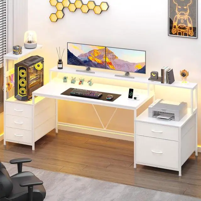 Alt view image 3 of 7 - 63" Gaming Desk with LED Lights & Outlets, Reversible Computer Desk with 5 Drawers & Printer Shelf, Gamer Desk Table with Storage Shelves & Monitor Stand, White
