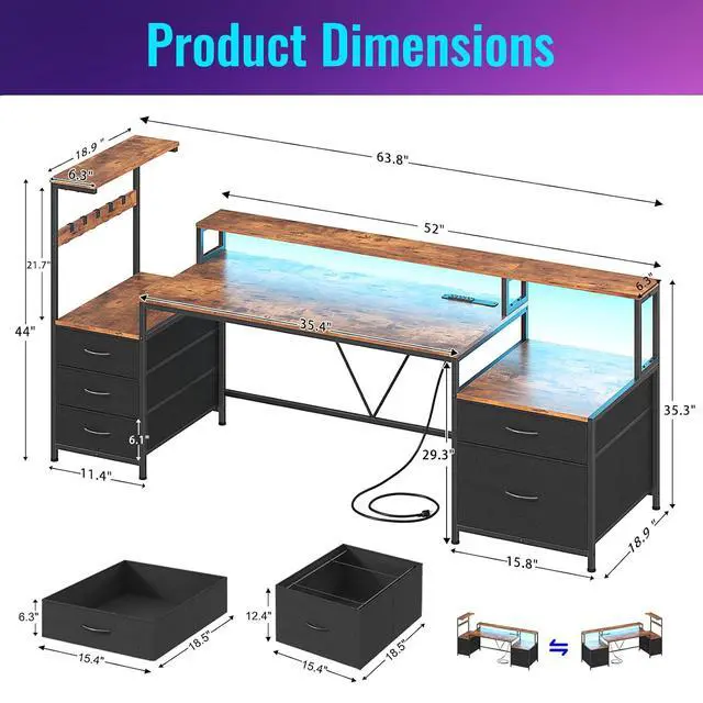 Alt view image 2 of 7 - 63" Gaming Desk with LED Lights & Outlets, Reversible Computer Desk with 5 Drawers & Printer Shelf, Gamer Desk Table with Storage Shelves & Monitor Stand, Rustic Brown