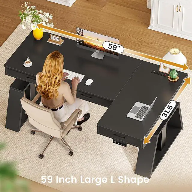 Alt view image 7 of 7 - 59 Inch L Shaped Electric Standing Desk with Drawers, Executive Adjustable Desk with Power Outlets, Monitor Stand, Sit Stand Computer Table for Home Office, Black