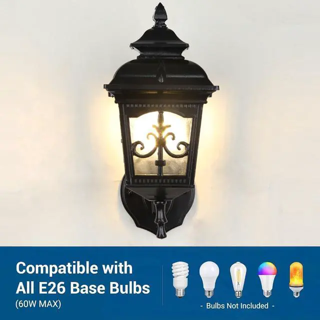 Alt view image 5 of 7 - European Style Waterproof Outdoor Wall Sconce 12.5 inch Retro Exterior Porch Lights Matte Black Outdoor Light Fixtures Wall Mount with Ripple Glass for Entryway Garage Patio