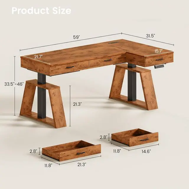 Alt view image 2 of 7 - 59 Inch L Shaped Electric Standing Desk with Drawers, Executive Adjustable Desk with Power Outlets, Sit Stand Computer Table for Home Office, Rustic Brown