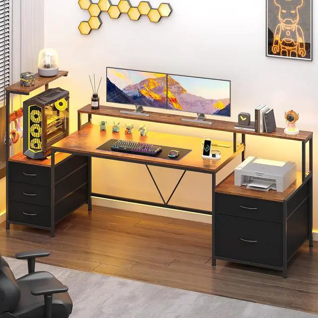 Alt view image 3 of 7 - 63" Gaming Desk with LED Lights & Outlets, Reversible Computer Desk with 5 Drawers & Printer Shelf, Gamer Desk Table with Storage Shelves & Monitor Stand, Rustic Brown