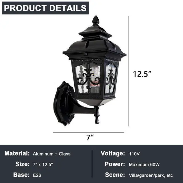 Alt view image 7 of 7 - European Style Waterproof Outdoor Wall Sconce 12.5 inch Retro Exterior Porch Lights Matte Black Outdoor Light Fixtures Wall Mount with Ripple Glass for Entryway Garage Patio