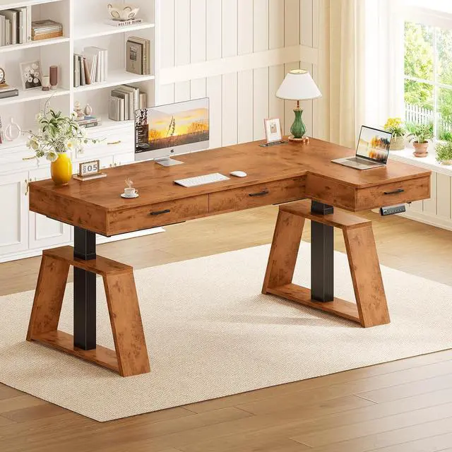 Main image of 59 Inch L Shaped Electric Standing Desk with Drawers, Executive Adjustable Desk with Power Outlets, Sit Stand Computer Table for Home Office, Rustic Brown