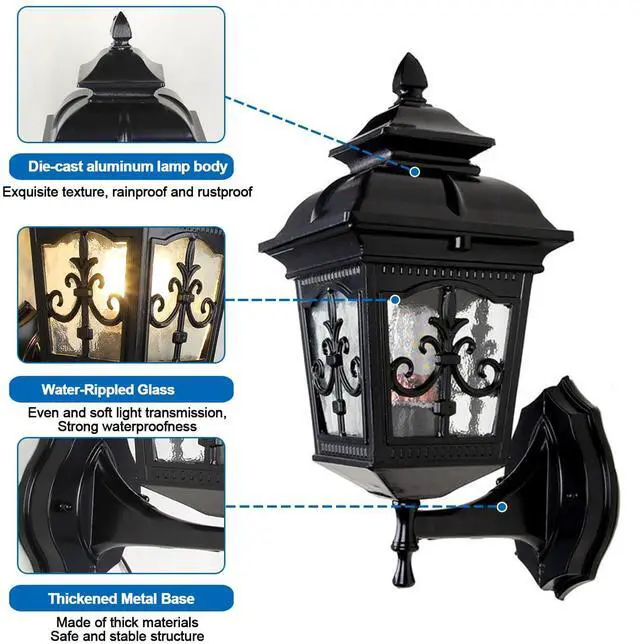 Alt view image 6 of 7 - European Style Waterproof Outdoor Wall Sconce 12.5 inch Retro Exterior Porch Lights Matte Black Outdoor Light Fixtures Wall Mount with Ripple Glass for Entryway Garage Patio