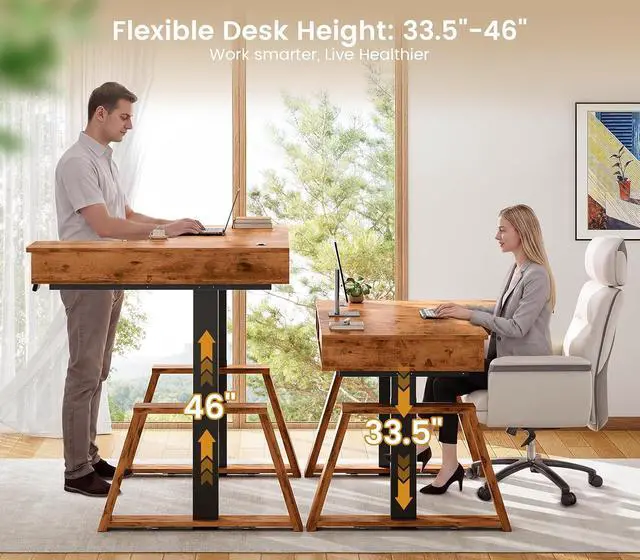Alt view image 3 of 7 - 59 Inch L Shaped Electric Standing Desk with Drawers, Executive Adjustable Desk with Power Outlets, Sit Stand Computer Table for Home Office, Rustic Brown
